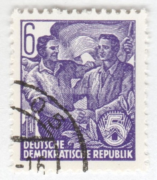 марка ГДР 6 пфенниг "Workers join hands**" 1957 год Гашение