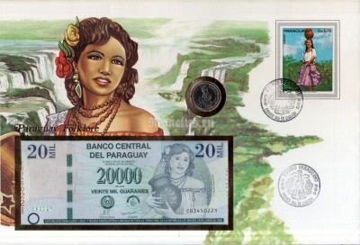 Набор банкнота Парагвай 20 000 гуарани 2013 год и монета 5 гуарани 1984 год - Парагвайская женщина, в конверте