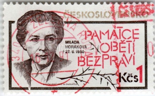 марка Чехословакия 1 крона "Dr. Milada Horaková (1901-1950)" 1990 год гашение
