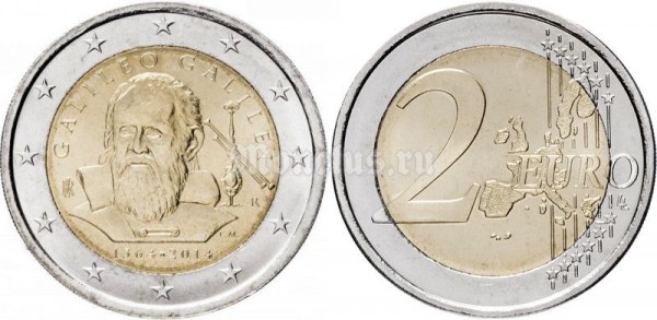 монета Италия 2 евро 2014 год - 450 лет со дня рождения Галилео Галилей
