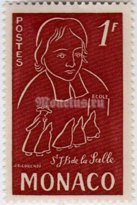 марка Монако 1 франк "Saint Jean Baptiste de la Salle (1651-1719)" 1954 год