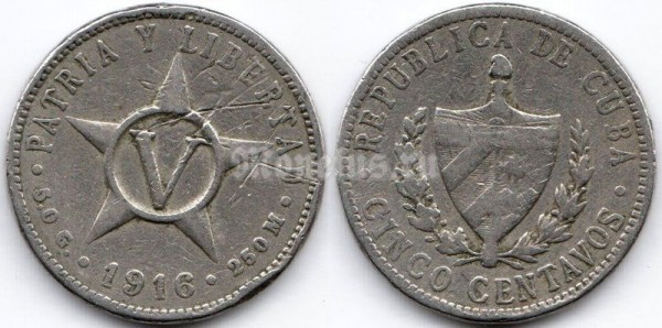 монета Куба 5 сентаво 1916 год