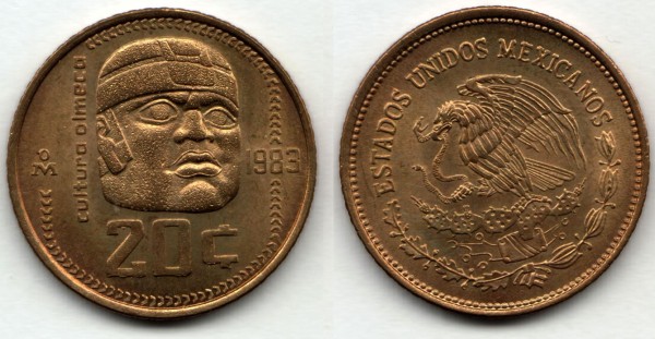 монета Мексика 20 сентаво 1983 год
