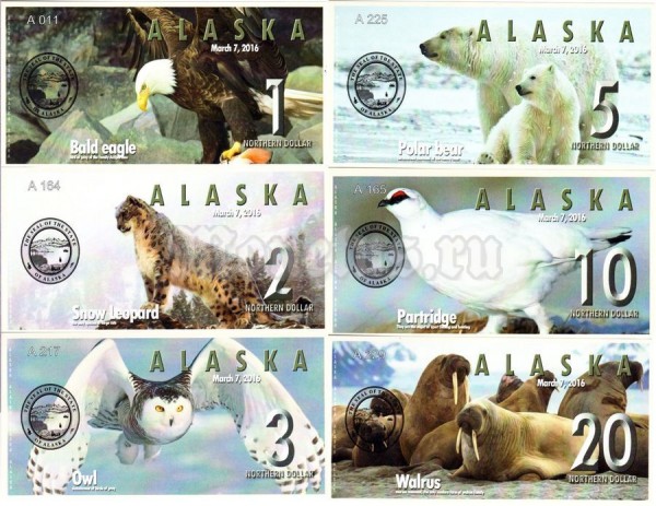 Набор из 6 сувенирных банкнот Аляска 2016 год Выпуск 2-й