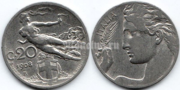 монета Италия 20 чентезимо 1908 год