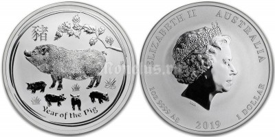 монета Австралия 1 доллар 2019 год Свиньи, серебро