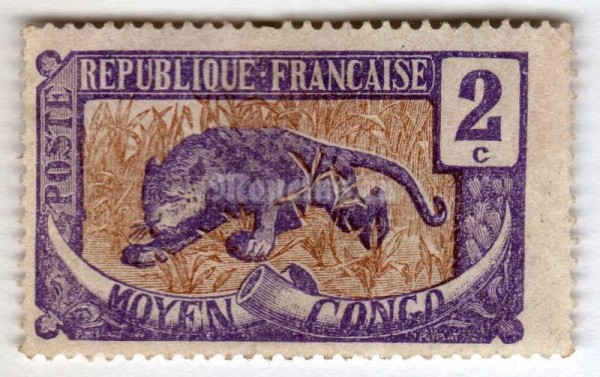 марка Французское Конго 2 сантима "Leopard (Panthera pardus)" 1907 год 