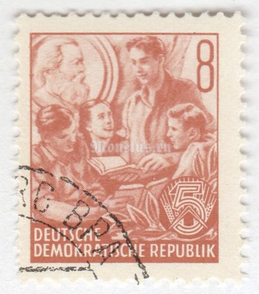 марка ГДР 8 пфенниг "Learning youth, Karl Marx picture in the background" 1957 год Гашение