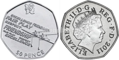 монета Великобритания 50 пенсов 2011 год Летние Олимпийские игры в Лондоне 2012 год - академическая гребля