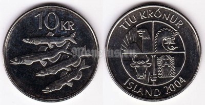 Монета Исландия 10 крон 2004 год