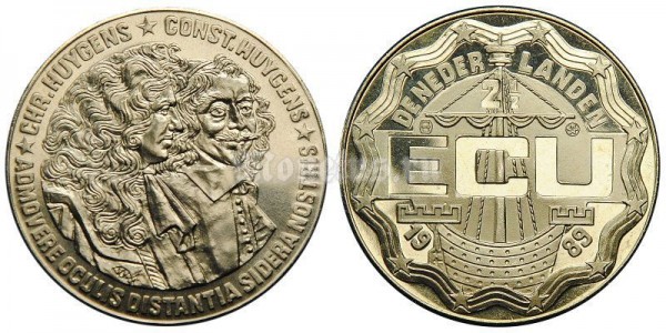 монета Нидерланды 2 1/2 экю 1989 год Христиан Гюйгенс и Константейн Хёйгенс