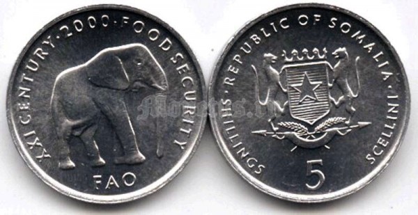 Сомали 5 шиллингов 2000 год FAO слон