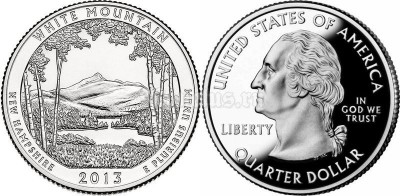 монета США 25 центов 2013 год  штат Нью-Гэмпшир Национальный лес «Белые горы», 16-й