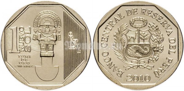 монета Перу 1 новый соль 2010 год Серия богатство и гордость Перу - Золотой Туми