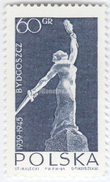 марка Польша 60 грош "Nike, proposed monument for the martyrs of Bydgoszcz" 1964 год