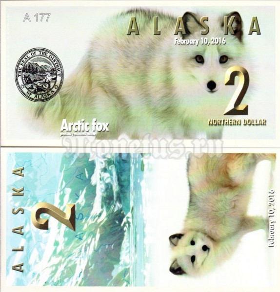 бона Аляска 2 северных доллара 2016 год Песец