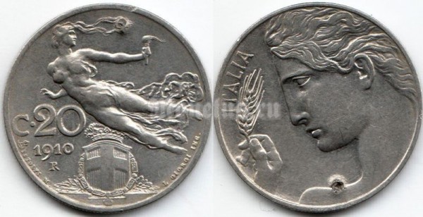 монета Италия 20 чентезимо 1910 год