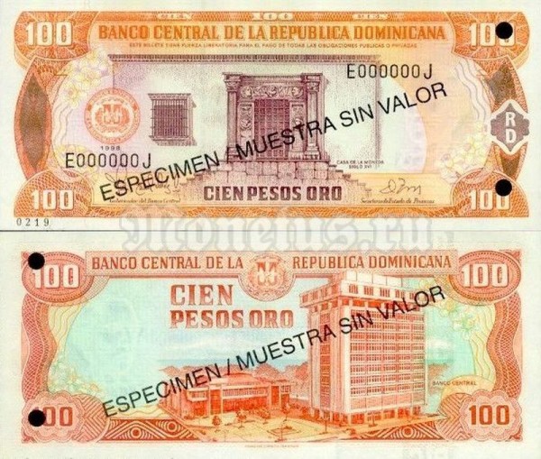 Банкнота-образец Доминикана 100 песо 1998 год