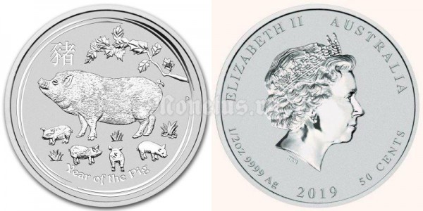 монета Австралия 50 центов 2019 год Свиньи, серебро