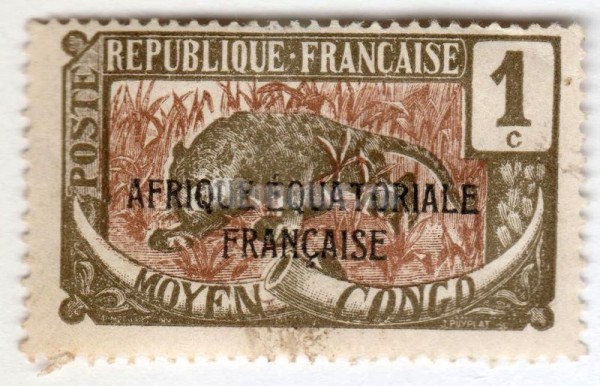марка Французское Конго 1 сантим "Leopard (Panthera pardus)" 1924 год 