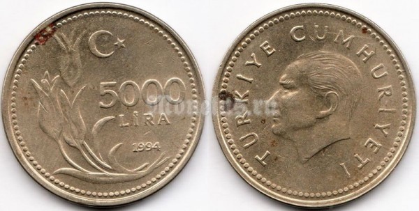 монета Турция 5000 лир 1994 год