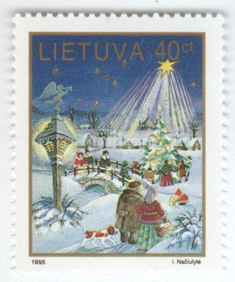 марка Литва 40 центес "Star over Winter Scene" 1995 год