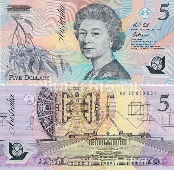 банкнота Австралия 5 долларов 1992 год - Елизавета II, пластик