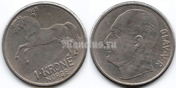 монета Норвегия 1 крона 1968 год