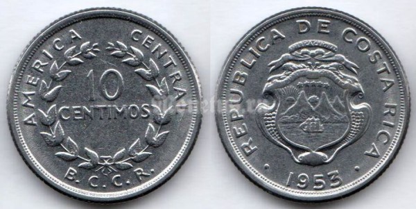 монета Коста-Рика 10 сентимо 1953 год