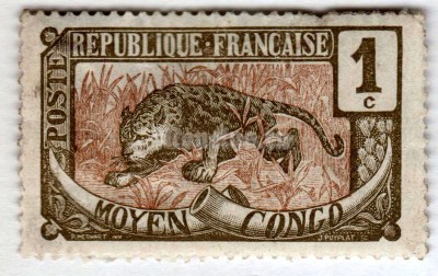 марка Французское Конго 1 сантим "Leopard (Panthera pardus)" 1907 год 