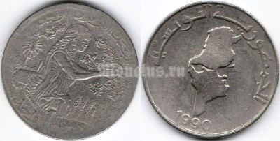 монета Тунис 1 динар 1990 год