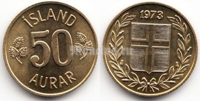 Монета Исландия 50 аурар 1973 год