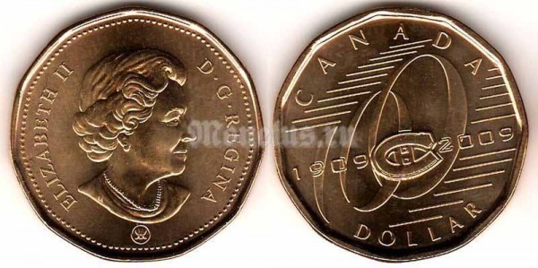 монета Канада 1 доллар 2009 год 100-летие основания Хоккейного клуба «Монреаль Канадиенс»