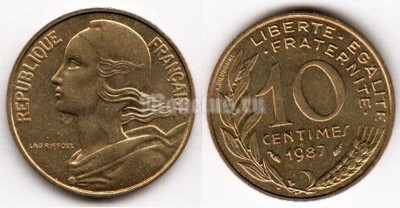 монета Франция 10 сантимов 1987 год