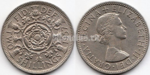 монета Великобритания 2 шиллинга 1957 год