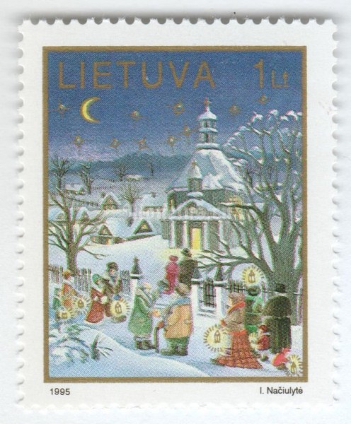 марка Литва 1 лит "Churchgoers with lanterns" 1995 год