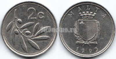 монета Мальта 2 цента 1993 год