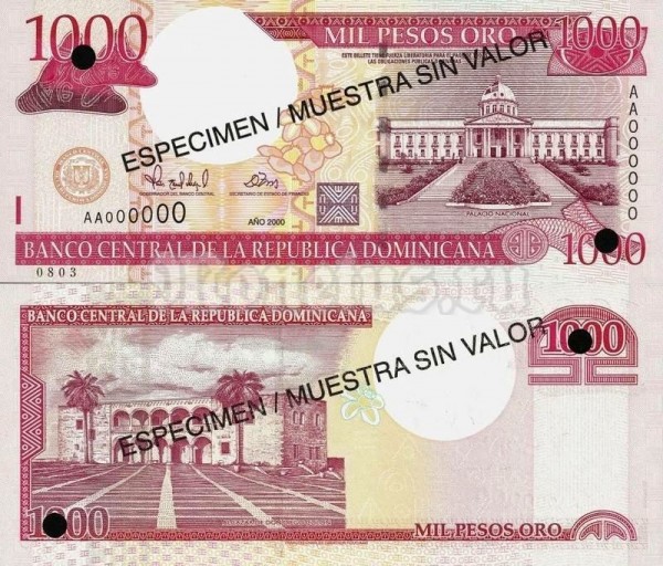 Банкнота-образец Доминикана 1000 песо 2000 год