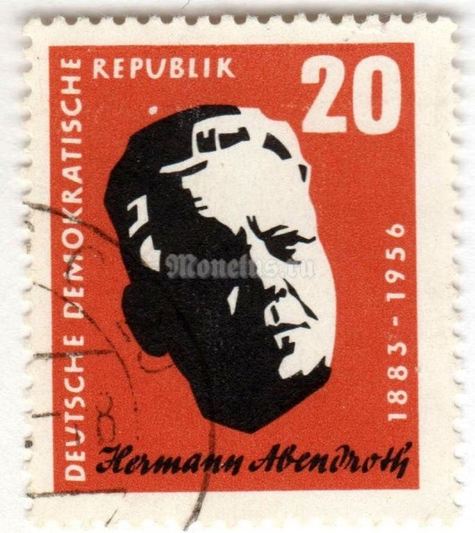 марка ГДР 20 пфенниг "Prof. Hermann Abendroth**" 1957 год Гашение