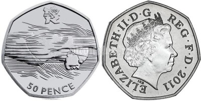 монета Великобритания 50 пенсов 2011 год Летние Олимпийские игры в Лондоне 2012 год - водные виды спорта