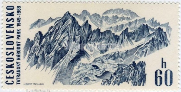 марка Чехословакия 60 геллер "Panorama of the Lomnicka Mountains in the Small Cold Valley" 1969 год