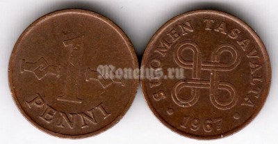 монета Финляндия 1 пенни 1967 год