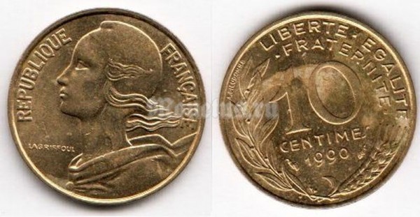 монета Франция 10 сантимов 1990 год