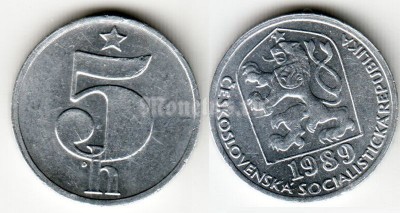 монета Чехословакия 5 геллеров 1989 год