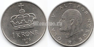 монета Норвегия 1 крона 1976 год