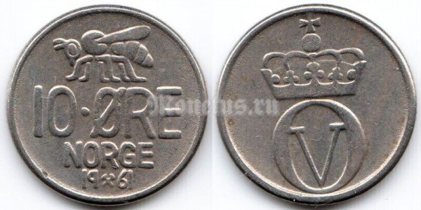 монета Норвегия 10 эре 1961 год Пчела