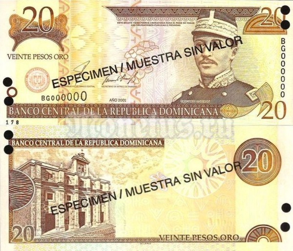 Банкнота-образец Доминикана 20 песо 2001 год