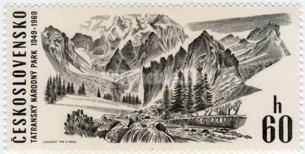 марка Чехословакия 60 геллер "Panorama of White Water Valley (Pohled Belovodskou dolinou)" 1969 год