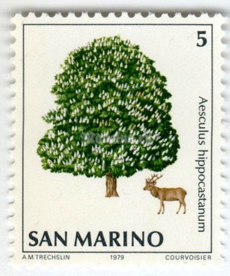 марка Сан-Марино 5 лир "Red Deer (Cervus elaphus), Horse Chestnut (Aesculus hippocas" 1979 год