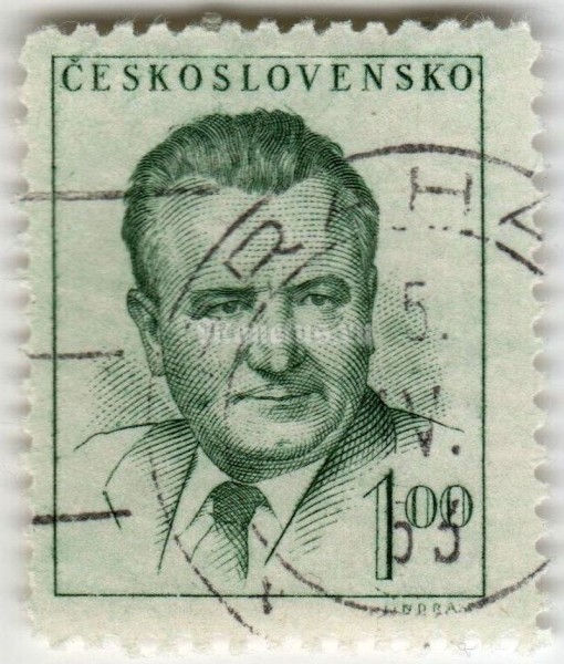 марка Чехословакия 1 крона "Klement Gottwald (1896-1953), president" 1952 год гашение
